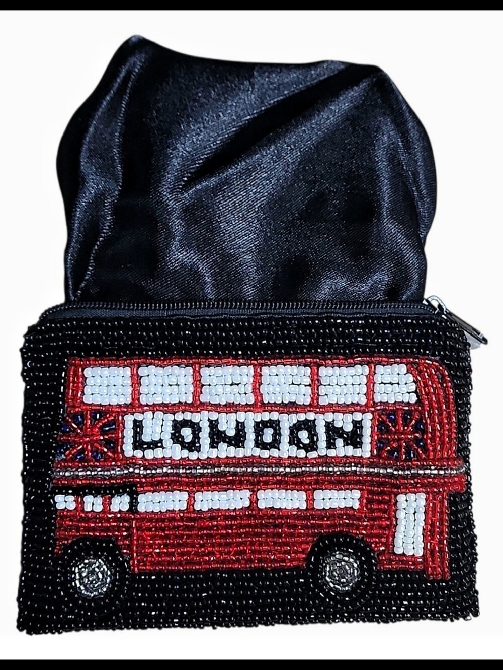 NEW London Classic Double Decker Bus Beaded Zipper Bag Coin Purse Black Red NEW - Picture 3 of 5